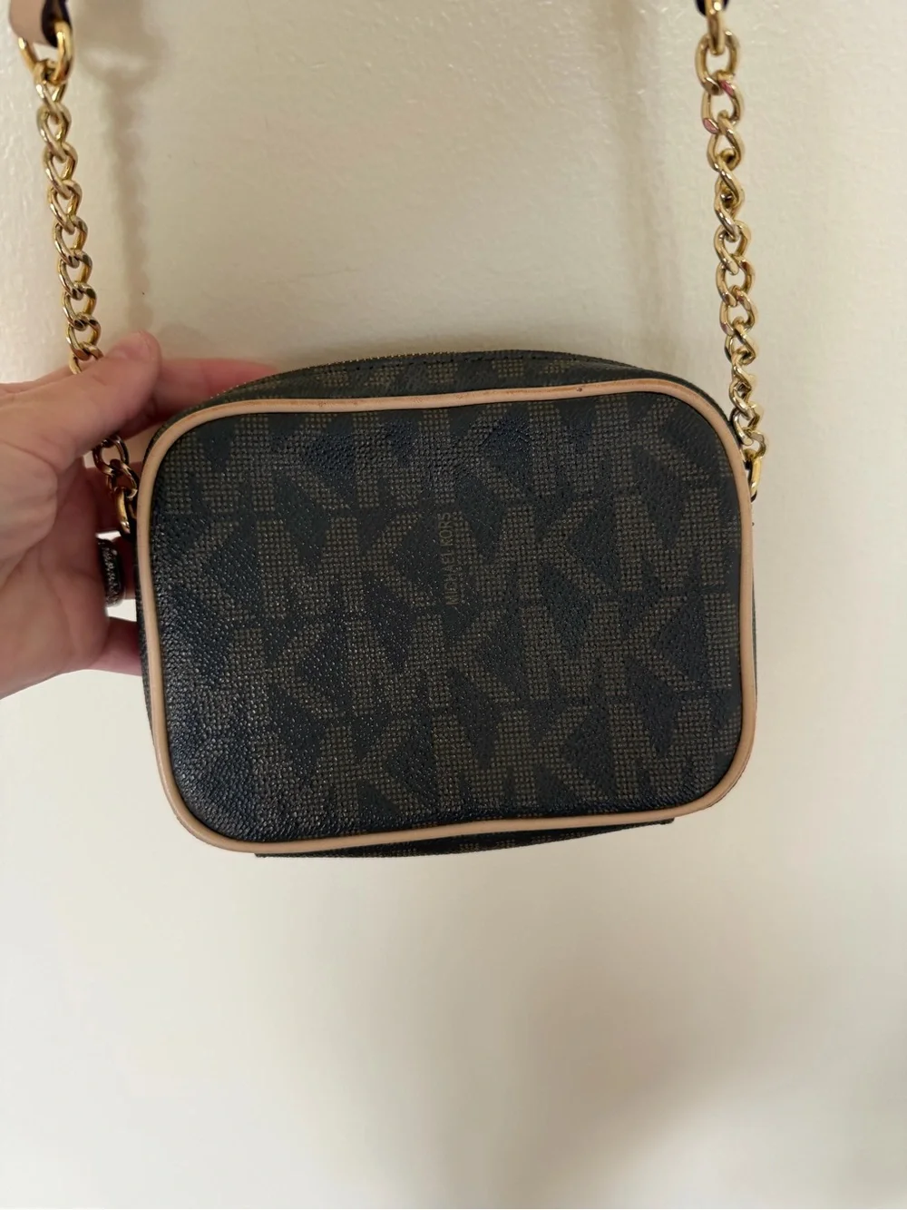 MICHAEL KORS Jet MK Logo Small Signature Camera Crossbody Bag Brown Gold Purse